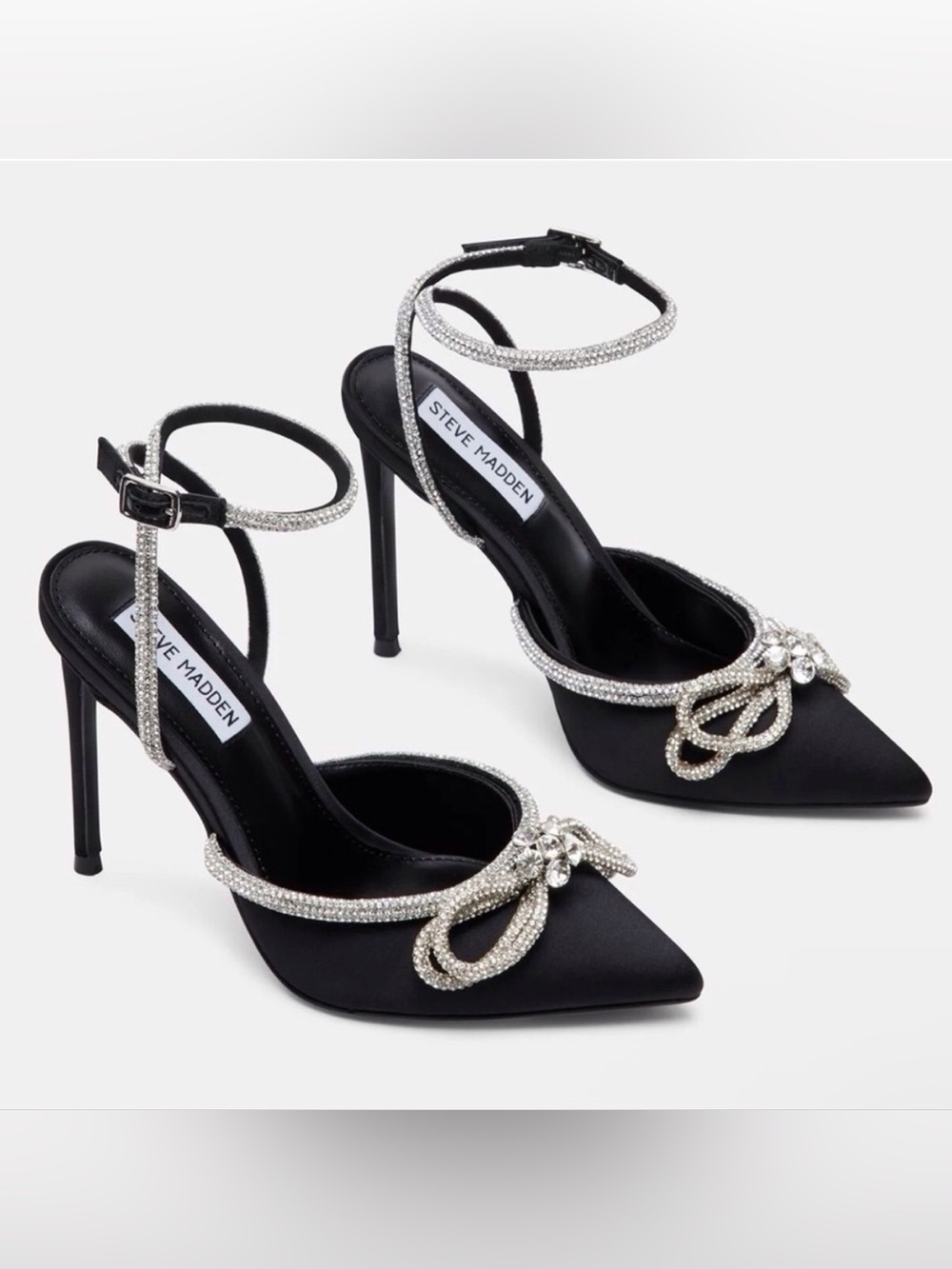 Steve Madden Black Satin Pointed Toe Heels with Crystal Bow 8.5